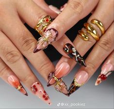 Tortoise Shell Nails, Fall Press On Nails, Shell Nails, Long Almond, Medium Almond, Autumn Look, Nail Art Set, Gold Embellishment, Brown Tones