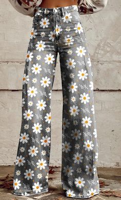 Floral Trousers, Pantalon Large, Vintage Pants, Type Of Pants, Wide Leg Denim, Outfit Casual, Casual Denim, Stylus