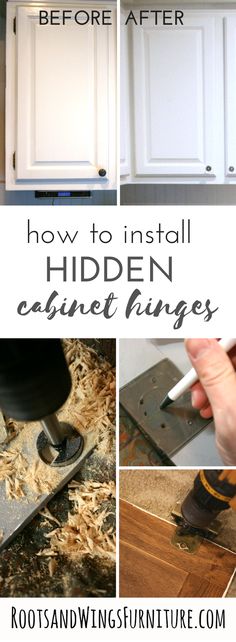 how to install hidden cabinet rings with pictures and text overlaying the words, how to install hidden cabinet rings