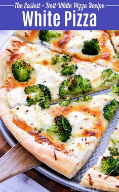 a pizza with broccoli and cheese is cut into slices on a platter