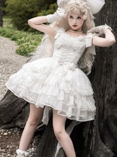 ❤︎Lolita Wedding Rose Lace-Up Tiered Bustier & Sass Dress Set❤︎ White Goth Fashion, Ghost Aesthetic Outfit, Doll Style Outfits, Lita Outfit, Cottagecore Princess Dress, Doll Outfits Aesthetic, White Goth Dress, Doll Aesthetic Outfits, White Gothic Dress