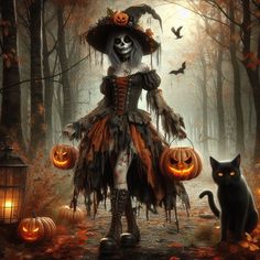 a woman dressed as a skeleton with pumpkins and a black cat in the woods