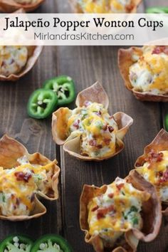 mini jalapeno popper wonton cups with cheese and bacon in them