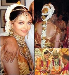 Aishwarya Rai Bridal Look, Manavarai Saree, Aishwarya Rai Wedding, Celebrity Wedding Hair, Actress Wedding, South Indian Wedding Hairstyles, Bridal Hairdo, Indian Wedding Hairstyles, South Indian Bride Hairstyle