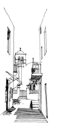 a black and white drawing of an alleyway with steps leading up to the building