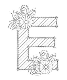 the letter e with flowers and leaves on it is outlined in black and white ink