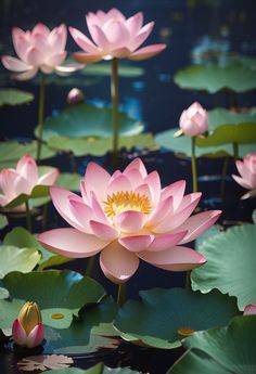 pink water lilies are blooming in the pond