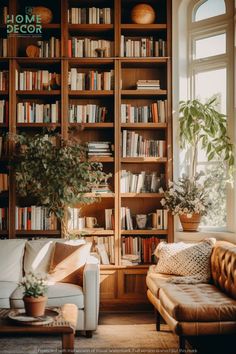 a living room filled with lots of furniture and bookshelves full of books next to a window