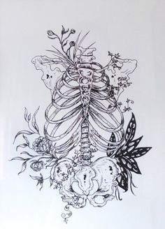 a drawing of a skeleton surrounded by flowers