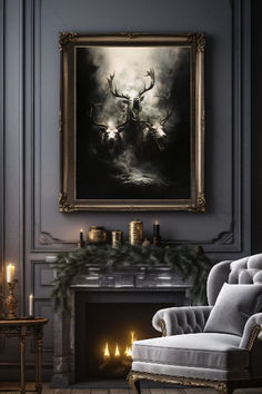 a chair sitting in front of a fireplace with candles