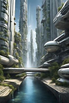 a futuristic city is shown in this artist's impressional painting, which shows the river