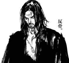 an ink drawing of a man with long hair