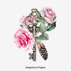 a drawing of a key with pink roses on it and a bird's wing