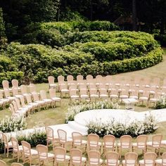 an aerial view of a wedding ceremony with chairs set up in the shape of a circle