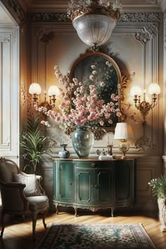 a vase with flowers sitting on top of a table next to a chair and lamp