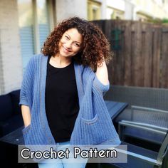 a woman wearing a blue cardigan standing in front of a bbq with the words crochet pattern on it