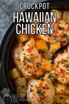 crockpot hawaiian chicken with potatoes and peppers in a black bowl on a gray background