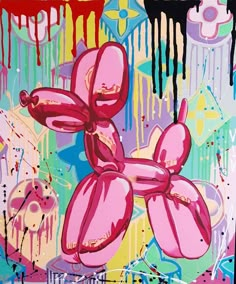 an abstract painting with pink flowers and dripping paint