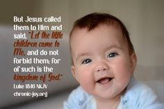 a baby smiling with a bible verse in the background