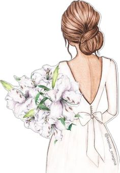 a drawing of a woman in a white dress holding a bouquet of flowers, with her back to the camera