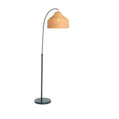 a floor lamp with a wooden shade on the top and bottom, it is black