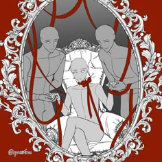 an illustration of three people sitting on a bed in front of a mirror with red background