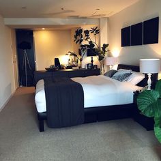 a bedroom with a large bed and plants in the corner