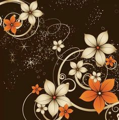 an orange and white flower design on a black background with swirls, stars and bubbles