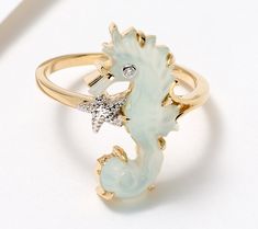 Celebrate your love of all things oceanic with this enchanting seahorse ring. Set in 14K gold, the carved gemstone design is utterly dazzling with diamond accents. Compliments will come -- it's a "shore" thing! From Glenn Lehrer. Seahorse Ring, Seahorse Jewelry, Ocean Ring, Gemstone Art, Aqua Chalcedony, Art Jewelry, Ring Set, Eagles, Jewelry Art