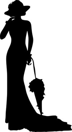 the silhouette of a woman in a long dress with an umbrella and hat on her head