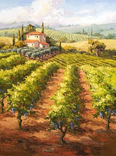 an oil painting of a house in the middle of a vineyard with trees and bushes