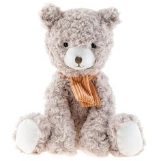 a teddy bear with a scarf around it's neck sitting on a white background