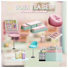 an advertisement for boba tea set by cupcake & achillissms featuring donuts, drinks and doughnuts