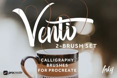 a coffee cup with the words venus on it and an artistic brush set for procreate