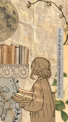 an altered collage shows a girl reading in front of a full moon and bookshelf