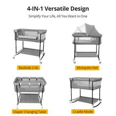 four different types of baby cribs with instructions on the side and in front