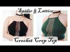 two pictures of a woman wearing a black and green crop top with crochet detailing