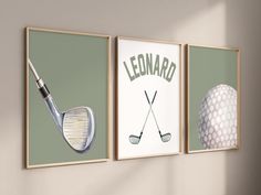 three framed golf art pieces on the wall