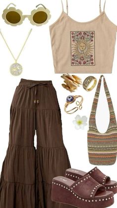 Summer Hobo Outfits, Boho Outfit Layout, Bohemian Outfit Inspiration, Earthy College Outfits, Boho Outfits Ideas, Boho Inspo Outfit, Hippy School Outfits, Earthy Outfits Aesthetic Summer, Countrycore Outfit