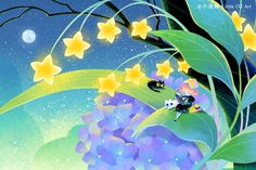 an artistic painting of flowers and butterflies in the night sky with stars on it's branches