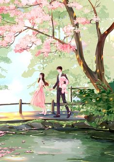 a man and woman walking across a bridge next to a river with pink flowers on it