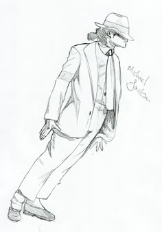 a drawing of a man in a suit and hat with his foot on the ground