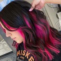 Black And Fuchsia Hair, Black Hair With Pink Halo, Vivid Hair Highlights, Hair Color Ideas Easy To Maintain, Black Hair With Red And Pink Highlights, Black To Hot Pink Ombre Hair, Pink Bottom Hair, Pink Halo Hair Color