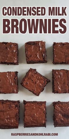 chocolate brownies on a white plate with the words, condenseed milk brownies