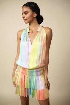 A watercolor rainbow print of pastel colors elevates the mood of this party-ready mini dress. Featuring a tied neckline and tiered skirt with tons of pleats, the sleeveless style will have you stealing the spotlight.  On average, customers say this fits large •Split neckline with self-tie •Relaxed fit at bodice •Elasticized waist •Pleated tiered skirt •Laser-cut hem • Original 'Painterly Brushstroke' print, designed by Current Air •Disclaimer: The painterly print fabric undergoes a unique dye process to achieve the rainbow brushstrokes and print may vary by piece. DIMENSIONS •Standard: 36" Length Item number 1690964-1 100% Polyester Church Fits, Watercolor Rainbow, Pleated Mini Dress, Rainbow Print, Tier Skirt, Pastel Rainbow, Tiered Skirt, The Mood, Print Fabric