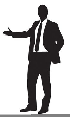 the silhouette of a man in a suit and tie is pointing to something on his left side