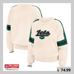 Bring a trendy twist to classic New York Jets fashion with this WEAR by Erin Andrews Stripe Pullover Sweater. Ultra-soft fabric delivers a luxuriously comfy feel, while the rib-knit cuffs and hem allow for easy styling and freedom of movement, making it perfect for going to games, watch parties or out on the town. The New York Jets details perfectly complement this gear's stylish design. Erin Andrews, Gameday Couture, Black Patch, Women's Wear, Women Hoodies Sweatshirts, New York Jets, Quarter Zip Pullover, Long Sleeve Pullover, Stylish Design