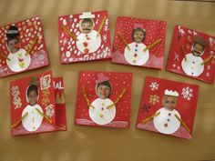 six christmas cards with pictures of children in snowmen and crowns on red envelopes