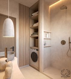 Bathroom 7 M2, Minimalist Storage Room, Small Bathroom Ideas With Wash Machine, Bathroom Washing Machine Hidden, Small Toilet And Bathroom Design, Bathroom Under Stairs With Shower Layout, Japandi Interiors Bathroom, Bathroom With Toilet Closet, Small Bathroom Stand Up Shower Ideas