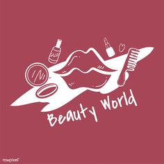 the words beauty world are written in white on a red background with an illustration of a woman's hand holding a brush